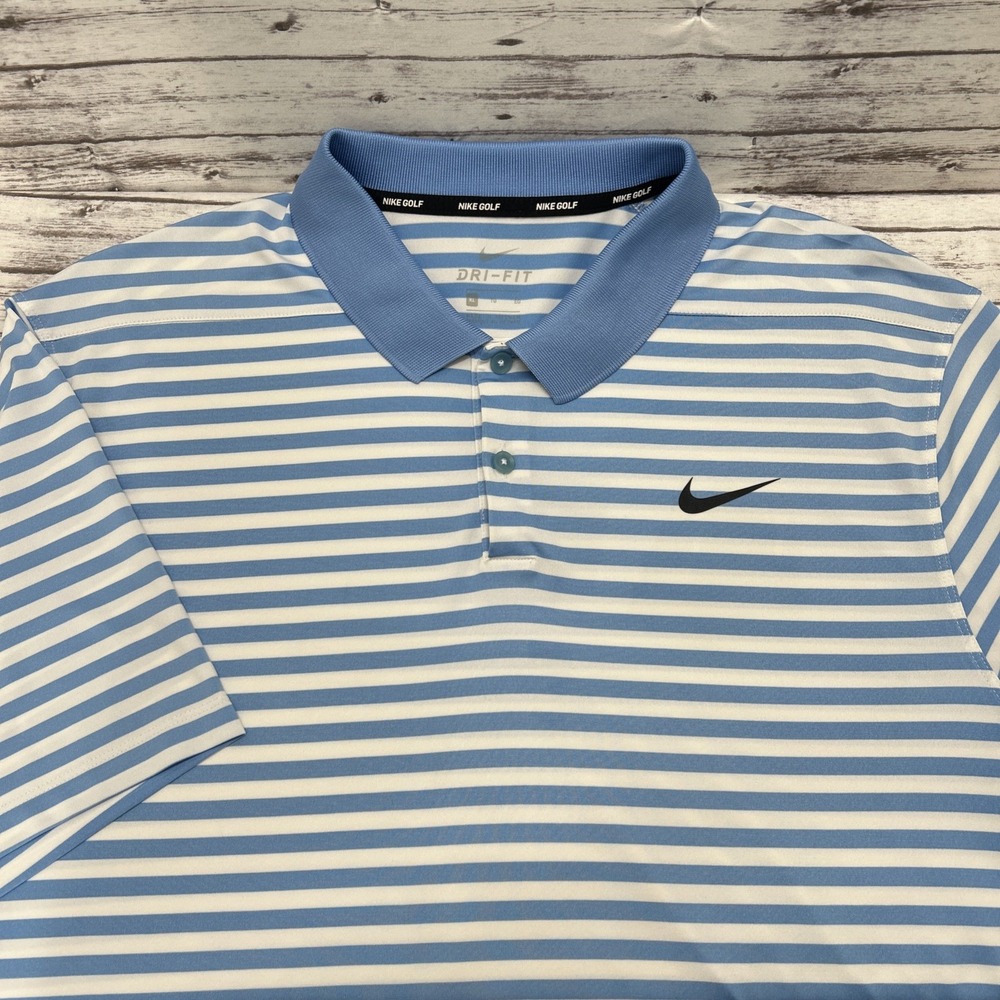 Nike Golf Polo Shirt Mens XL Dri Fit Light Blue Stripes Victory Logo Performance